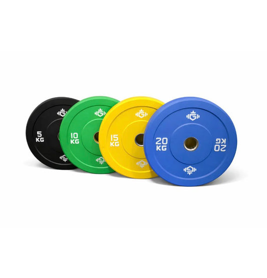 Set of four weight plates in black, green, yellow, and blue with visible weight markings on a white background.