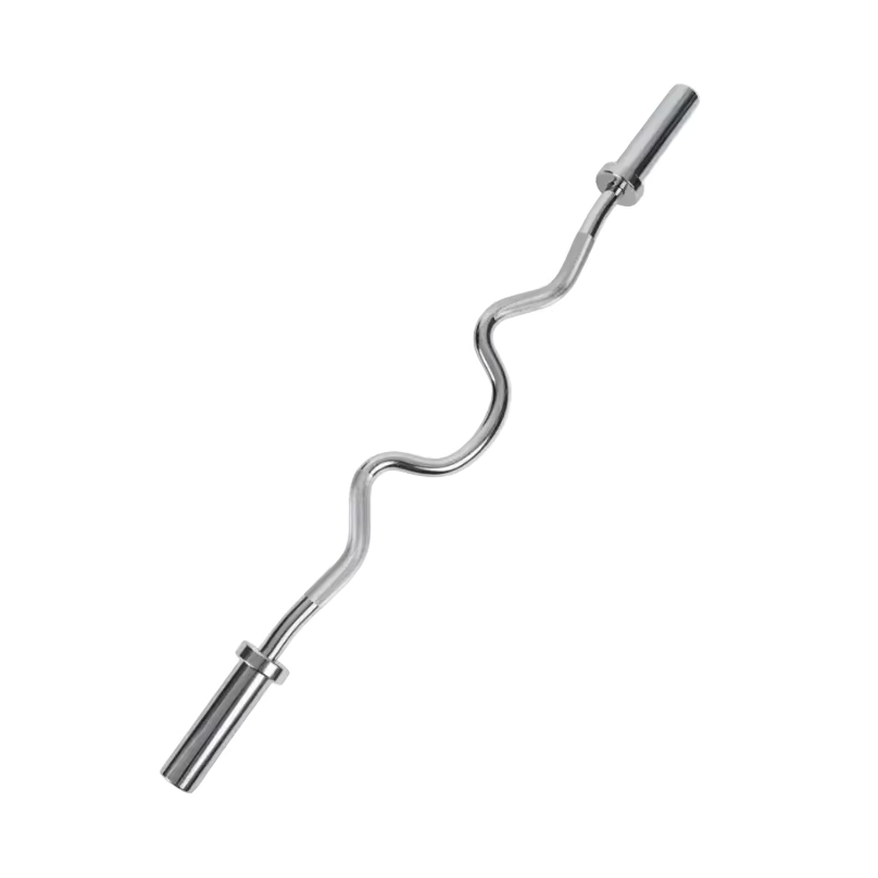 A curved silver steel barbell with black handles lies diagonally on a gray wood-look laminate floor.