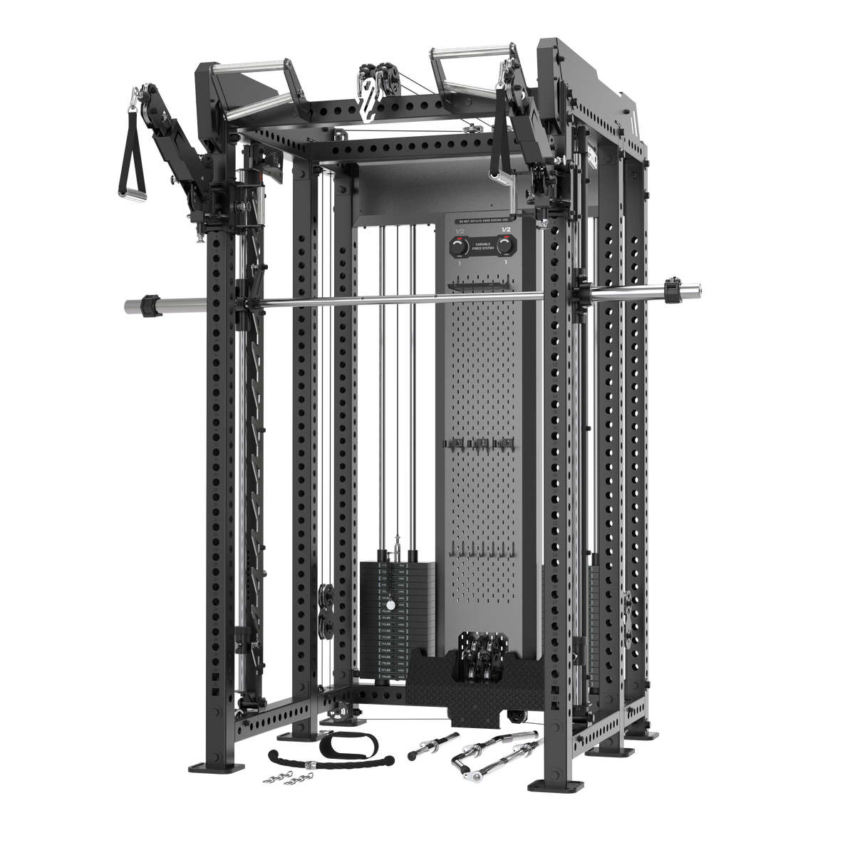 A large black and gray multi-functional home gym cable machine with a barbell rack, weight stacks, and various attachment straps, shown on a solid white background.