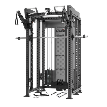 A large black and gray multi-functional home gym cable machine with a barbell rack, weight stacks, and various attachment straps, shown on a solid white background.