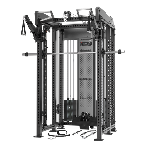 A large black and gray multi-functional home gym cable machine with a barbell rack, weight stacks, and various attachment straps, shown on a solid white background.