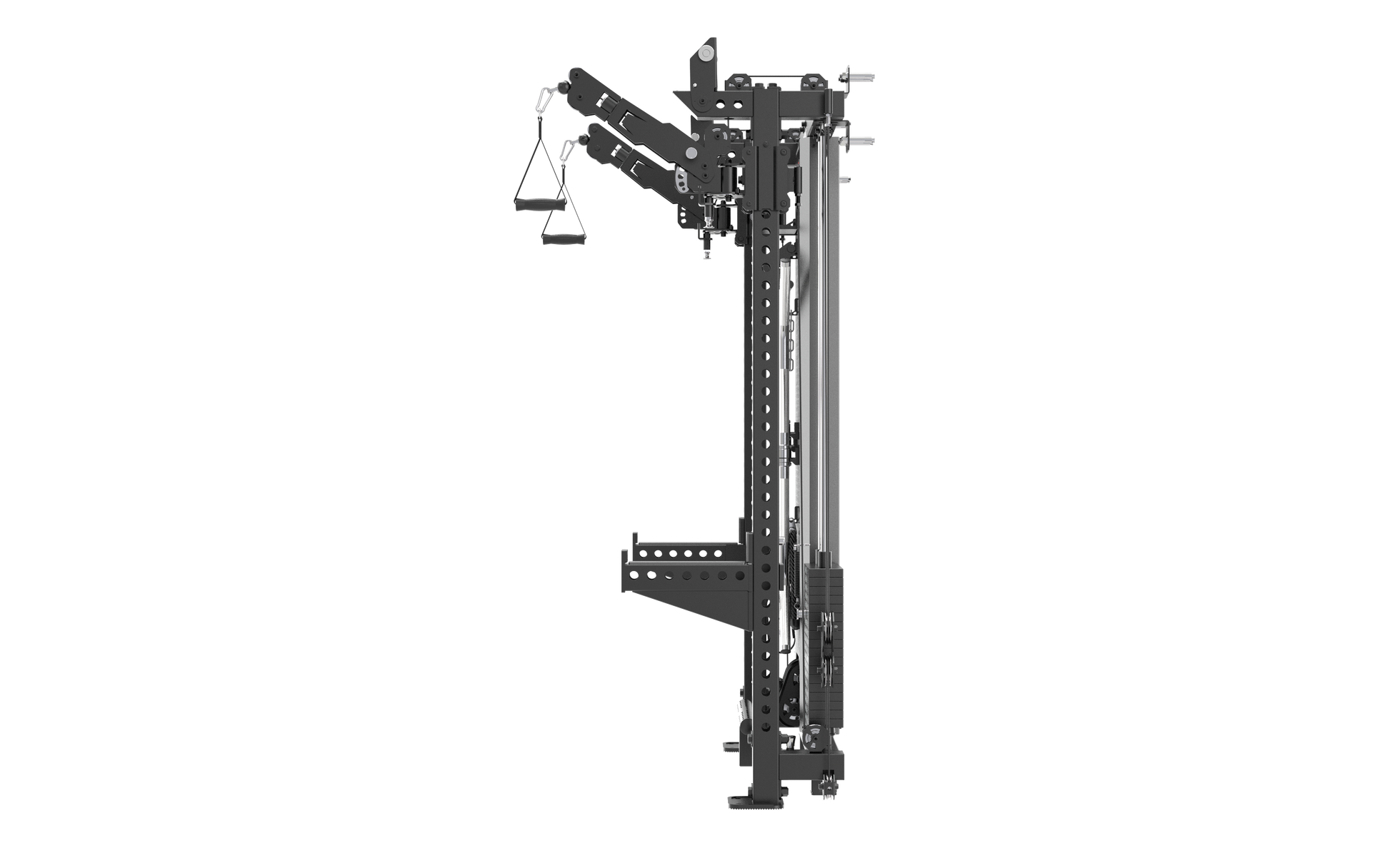 A dark gray industrial mechanical frame or rack structure with angled support arms and a hanging platform, shown isolated on a solid black background.