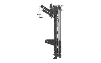 A dark gray industrial mechanical frame or rack structure with angled support arms and a hanging platform, shown isolated on a solid black background.