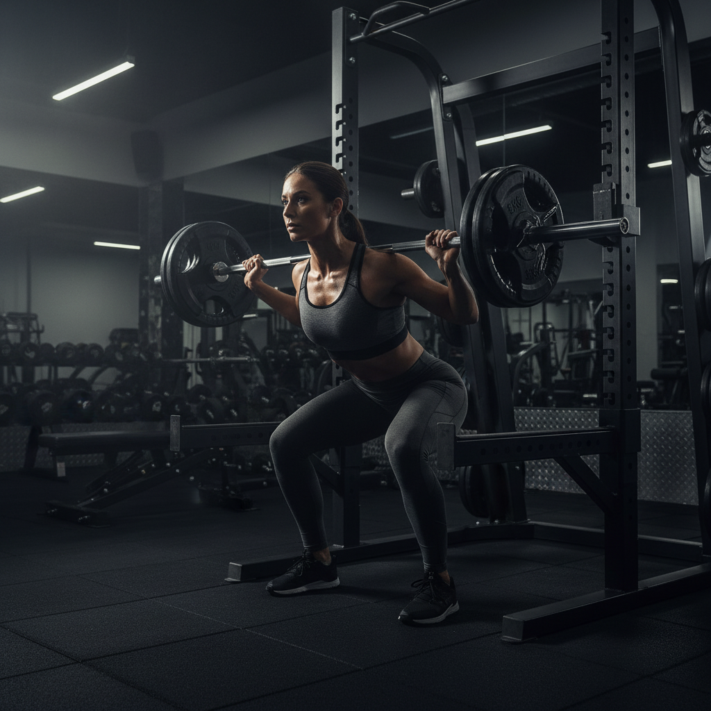 Stack of black weight plates and a barbell on a white background