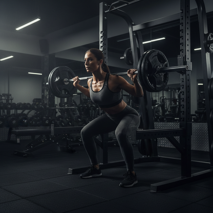 Stack of black weight plates and a barbell on a white background