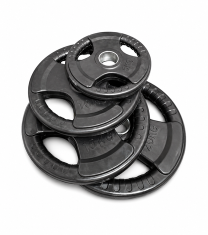 Stack of black weight plates with barbells on a white background