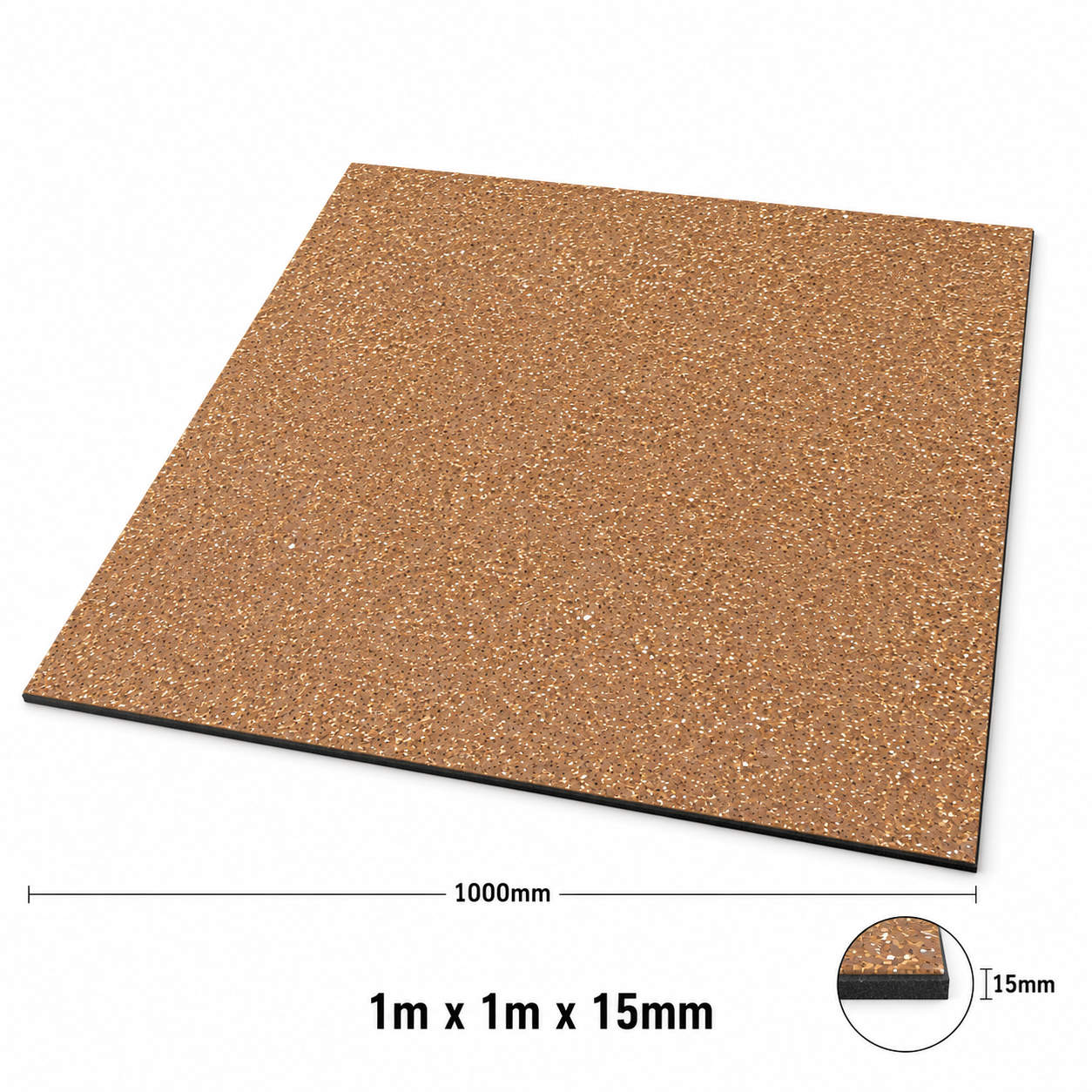A square cork floor tile with a 1m x 1m (1000mm x 1000mm) surface and a 15mm thickness, shown on a white background with dimension lines and a circular inset detail.