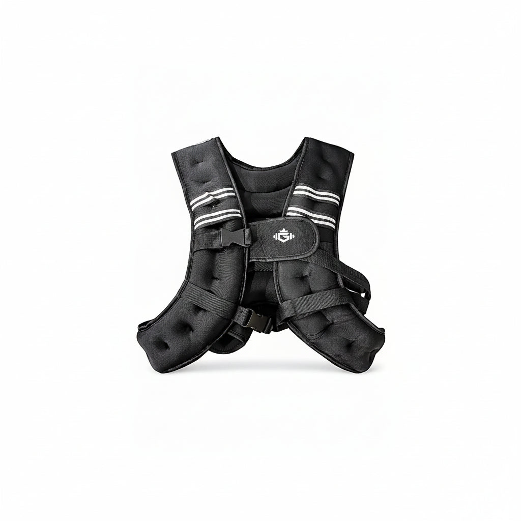 Black weight vest with straps on a white background