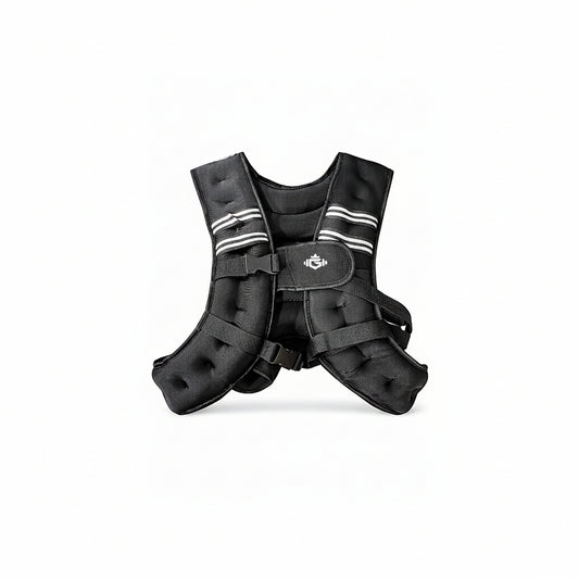 Black weight vest with straps on a white background