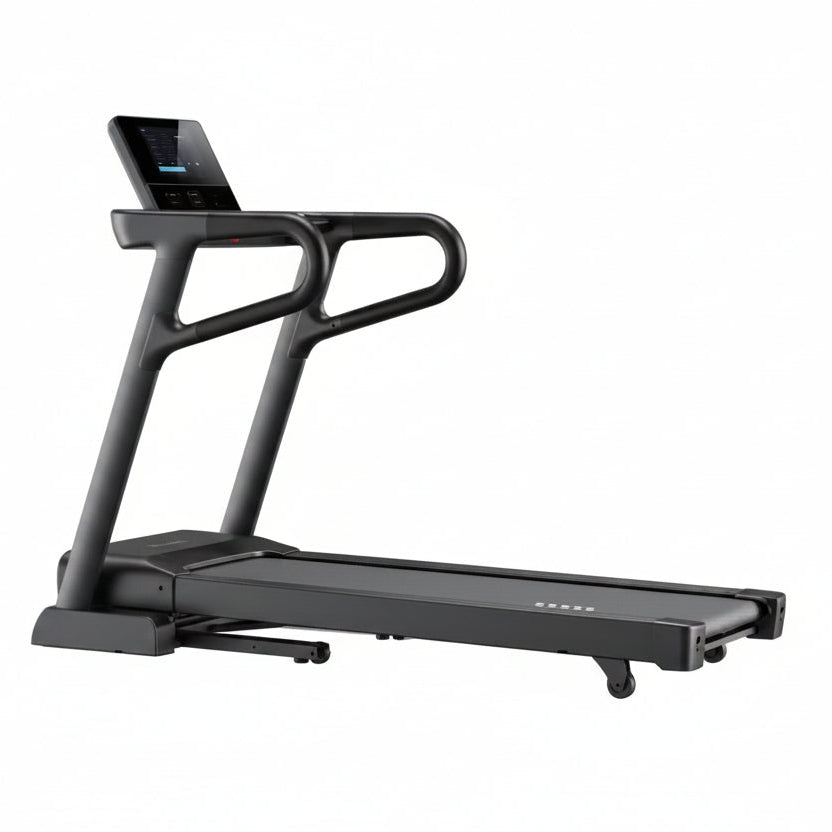 A modern black treadmill with an integrated digital display screen and curved handrails, shown from a three-quarters angle on a plain white background.