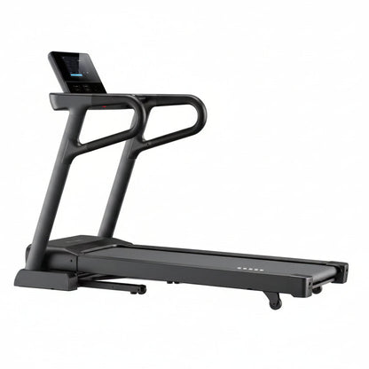 A modern black treadmill with an integrated digital display screen and curved handrails, shown from a three-quarters angle on a plain white background.