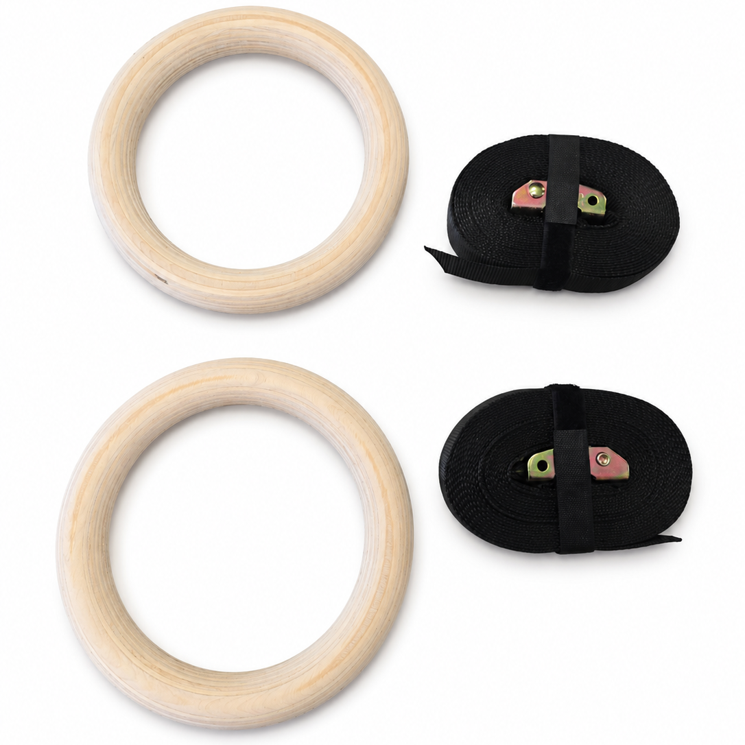wood gym rings on white background with adjustable straps