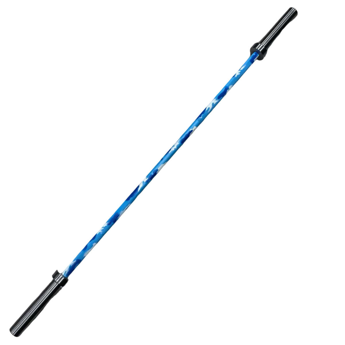 Gymking 8kg junior barbell camo shaft and chrome sleeve detail
