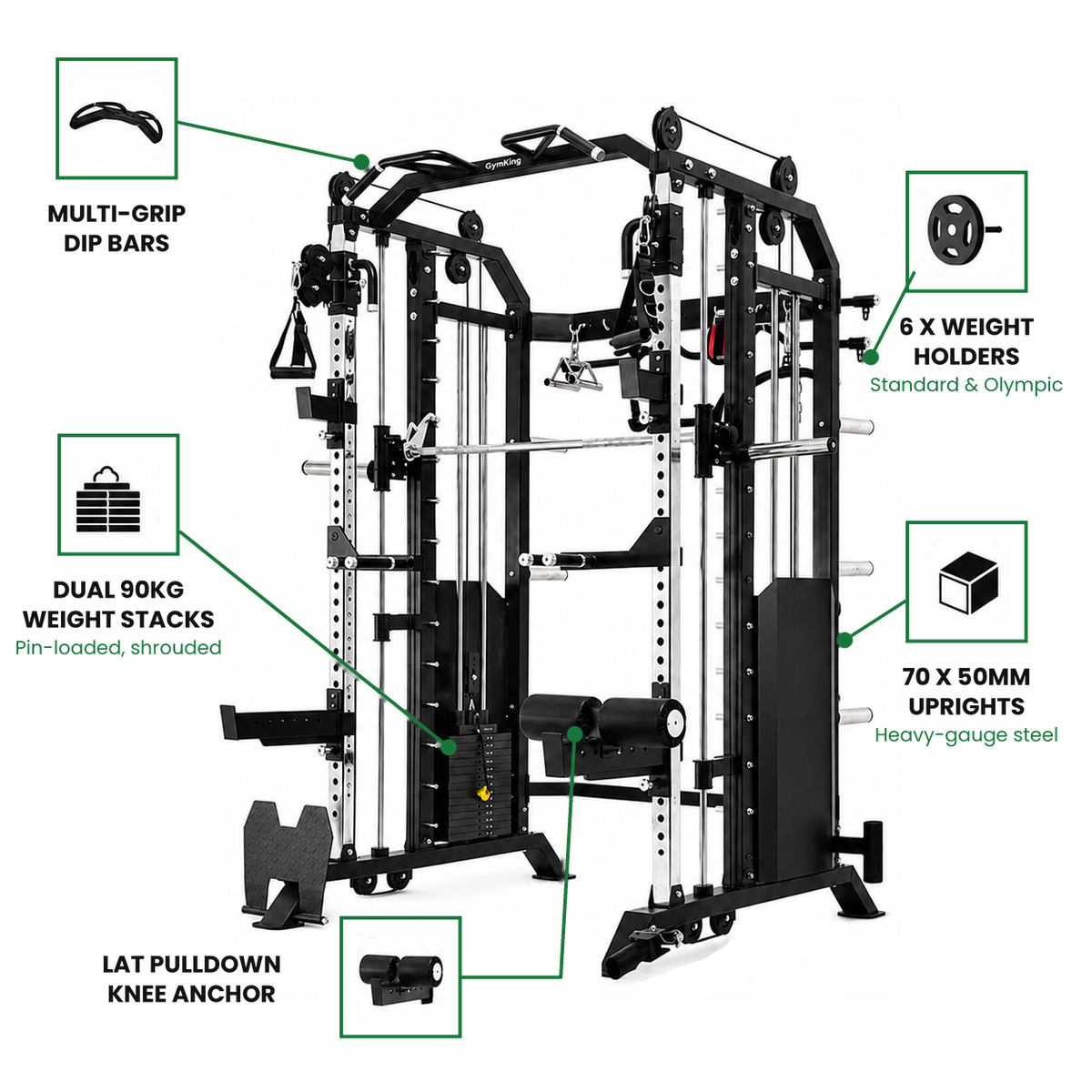GymKing GK-6000 features: multi-grip dip bars, 6 weight holders, dual 90kg weight stacks, 70 x 50mm uprights and lat pulldown knee anchor