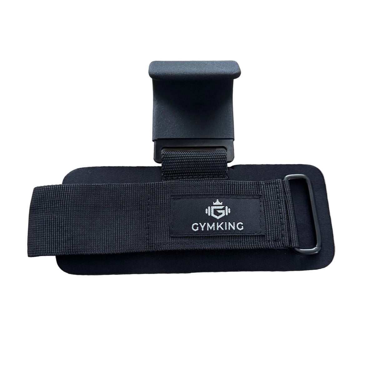 Gymking lifting hook showing the hook and logo on the padded wrist strap