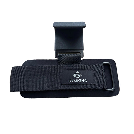 Gymking lifting hook showing the hook and logo on the padded wrist strap