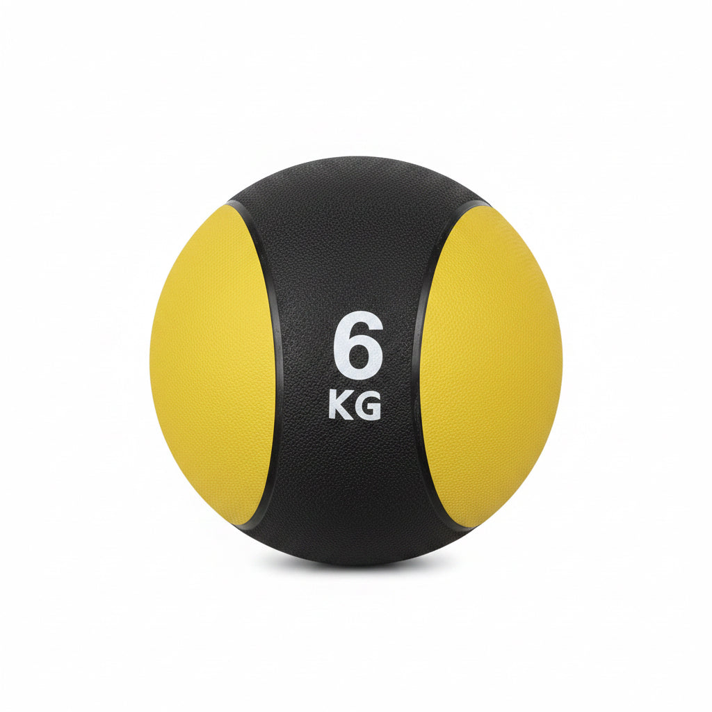 A 6 kg medicine ball with a black and yellow design 