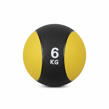 A 6 kg medicine ball with a black and yellow design 