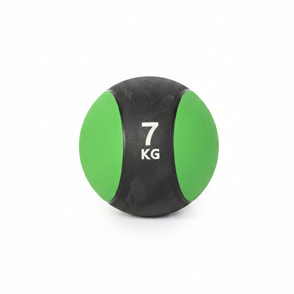 A 7 kg medicine ball with green and black