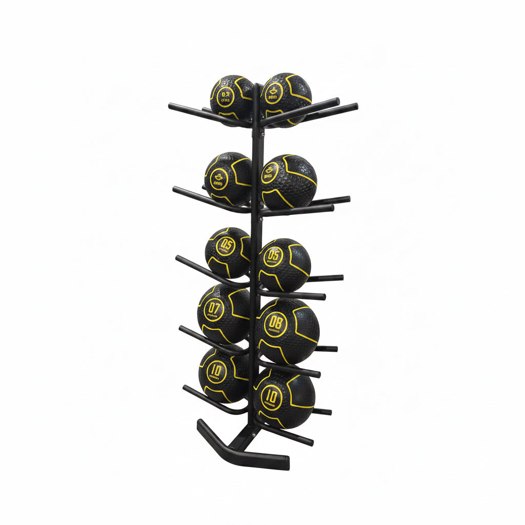 Stack of medicine balls on a rack in a gym setting