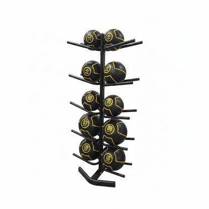 Stack of medicine balls on a rack in a gym setting