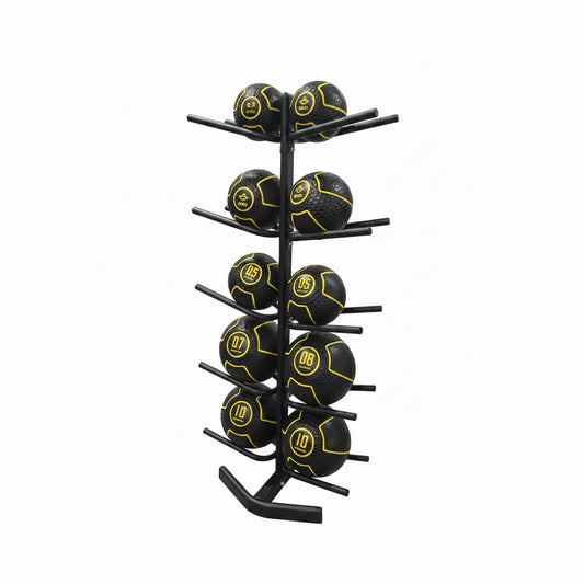 Stack of medicine balls on a rack in a gym setting