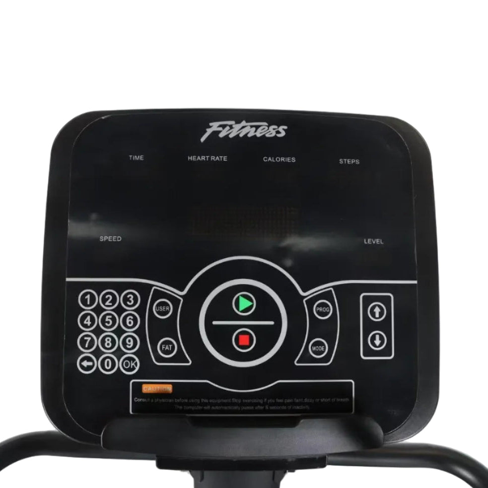 Close-up of a black elliptical trainer console with a digital display, numeric keypad, and green and red start/stop buttons, photographed against a plain light background.