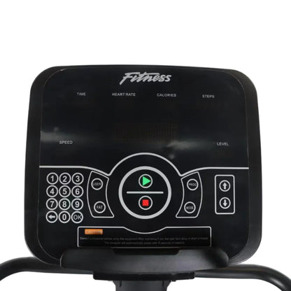 Close-up of a black elliptical trainer console with a digital display, numeric keypad, and green and red start/stop buttons, photographed against a plain light background.