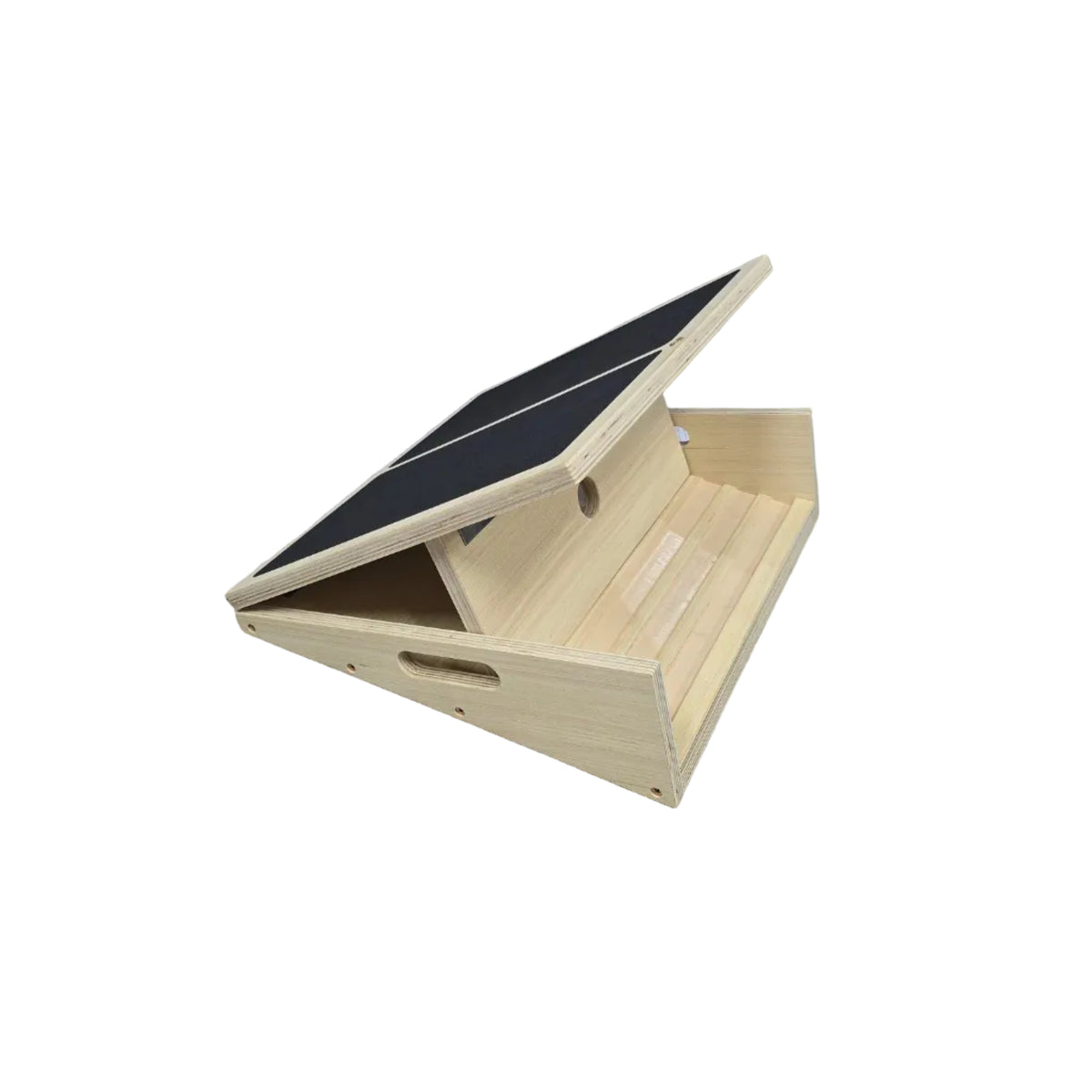Inside view of wooden slant board box base and adjustment supports