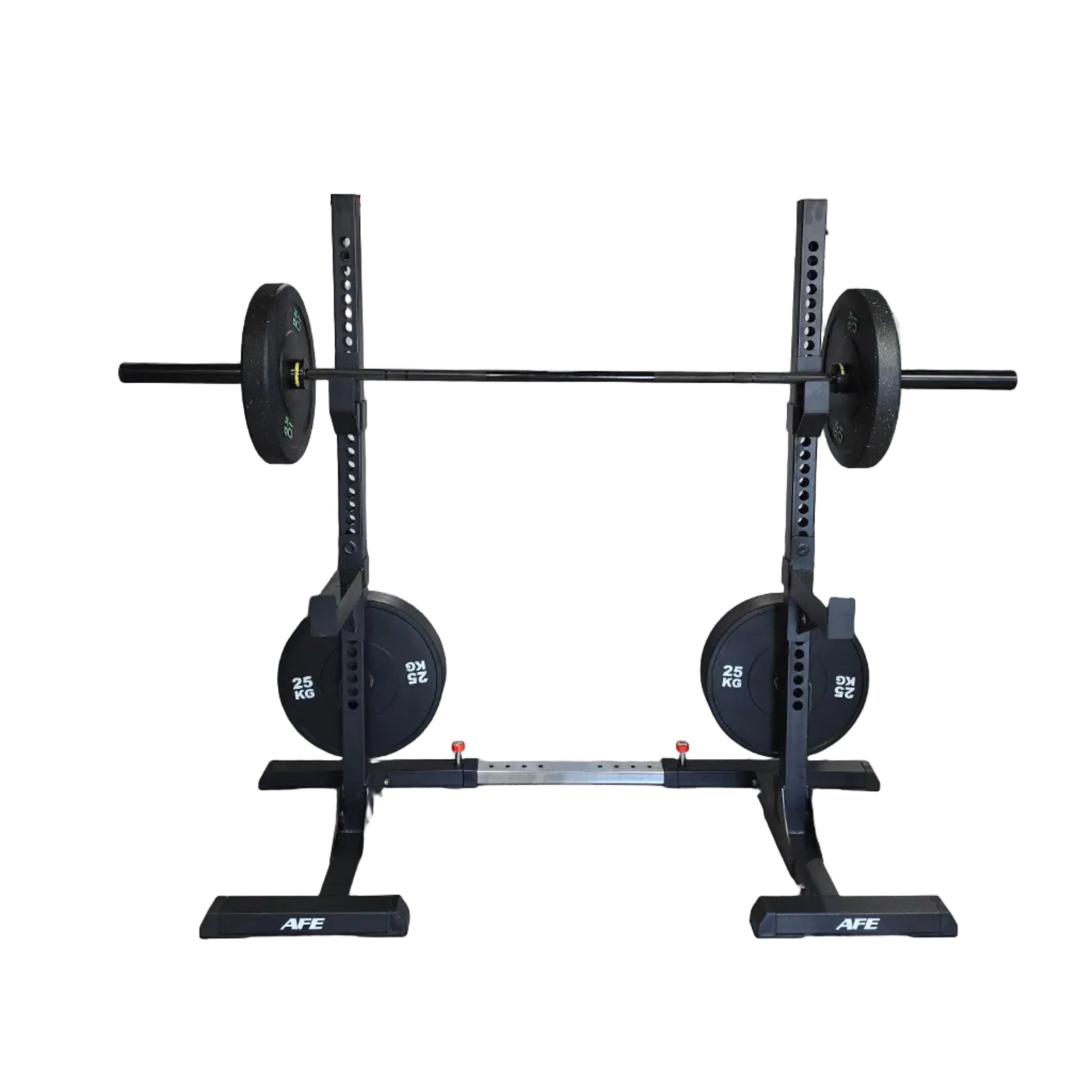 A pair of black AFE squat racks holding 225 lbs plates, set in a gym with a white sheet covering equipment in the background.