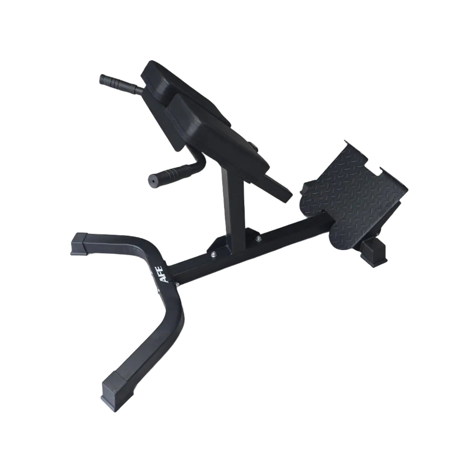 A black leg extension gym machine with a textured foot platform, set on a light gray wood-look vinyl floor inside a gym.