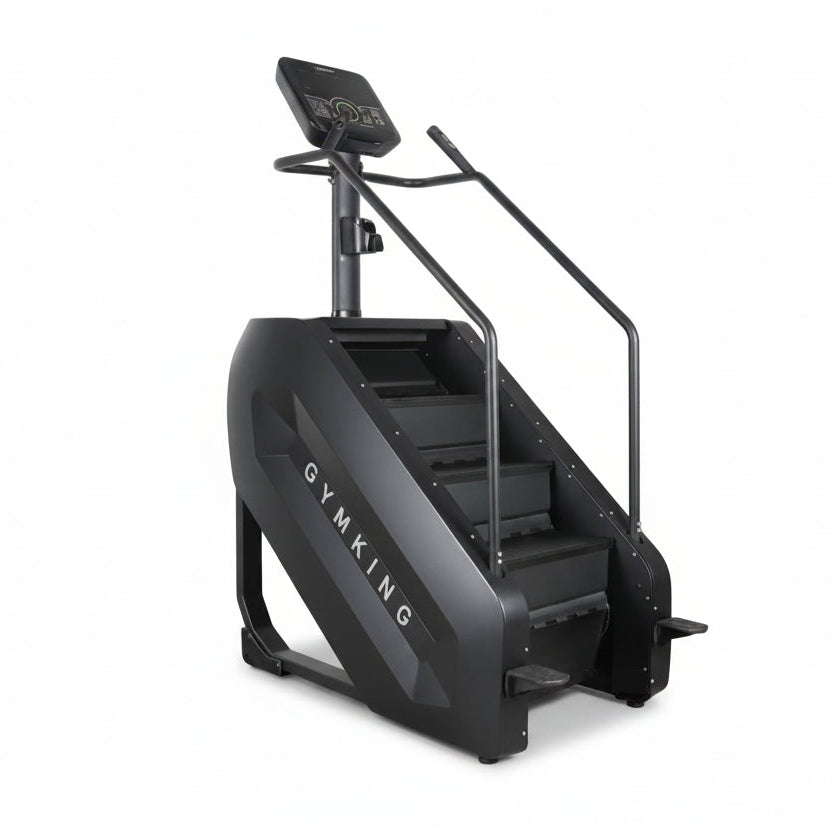 A black stair climber exercise machine with a digital display screen and handrails, shown from a three-quarters angle on a solid white background.