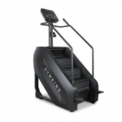 A black stair climber exercise machine with a digital display screen and handrails, shown from a three-quarters angle on a solid white background.