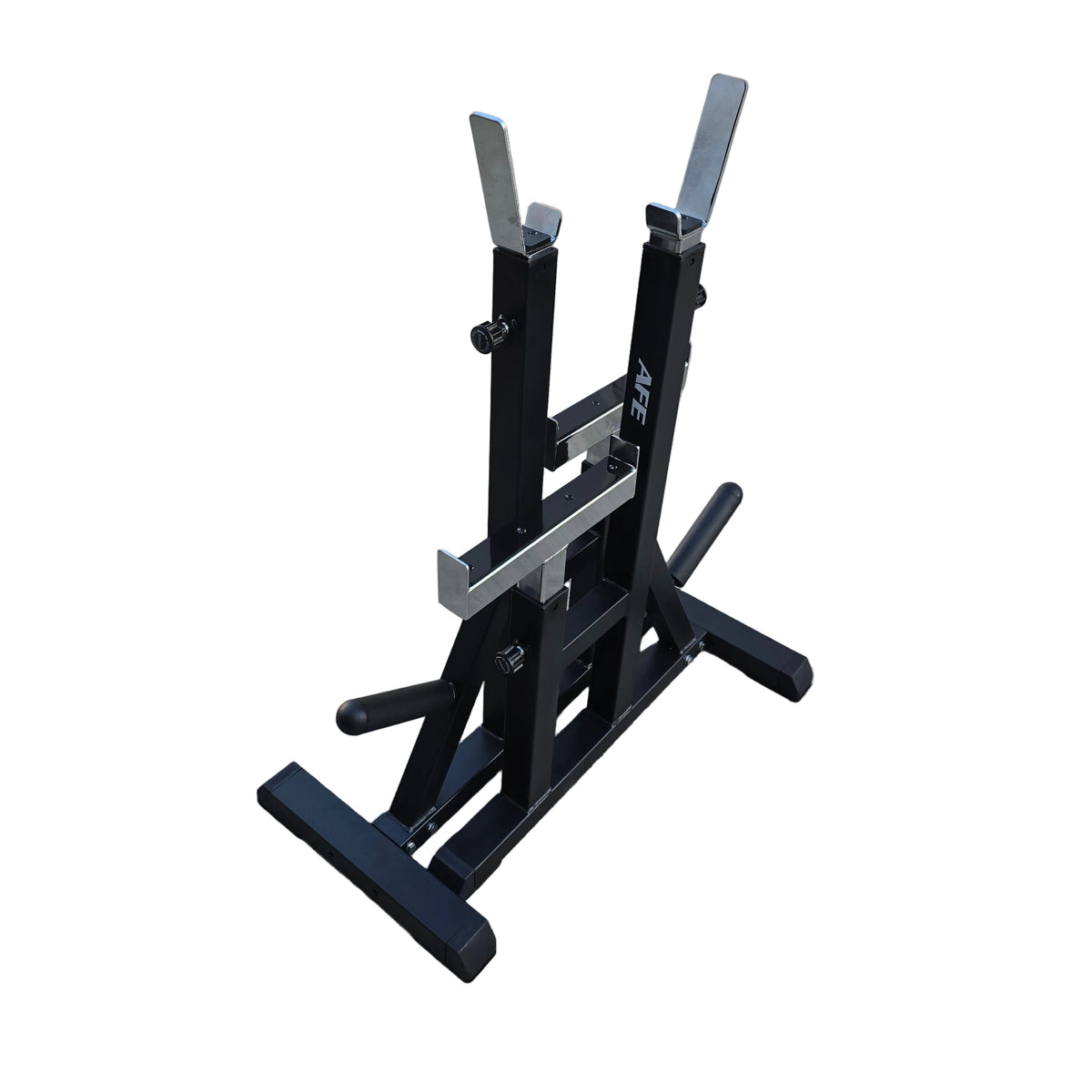 A black metal weight bench with silver metal uprights and a black footrest, shown on a plain white background.