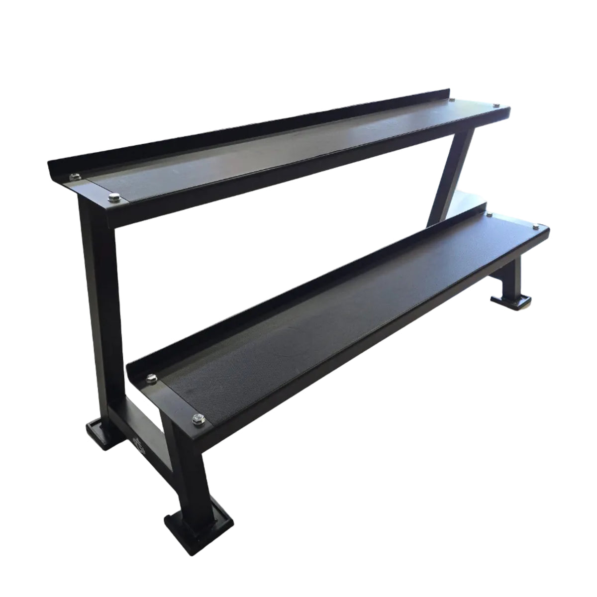 A black metal dual bench in a gym setting with wood-look flooring, weight machines, and exercise equipment in the background.