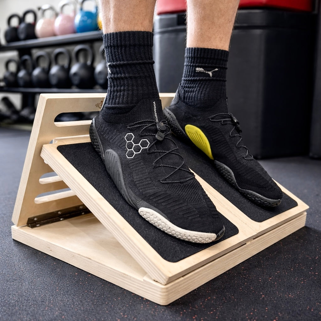 Person using a wooden step platform in a gym setting