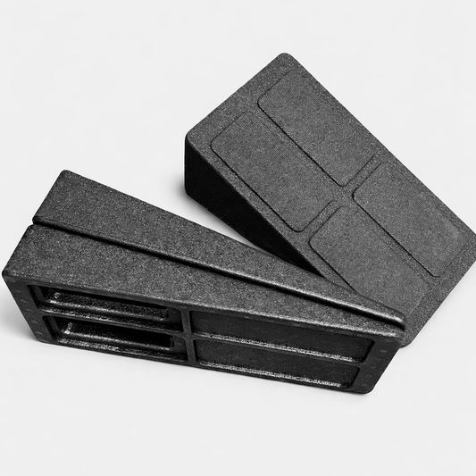 Two black plastic crates on a white background