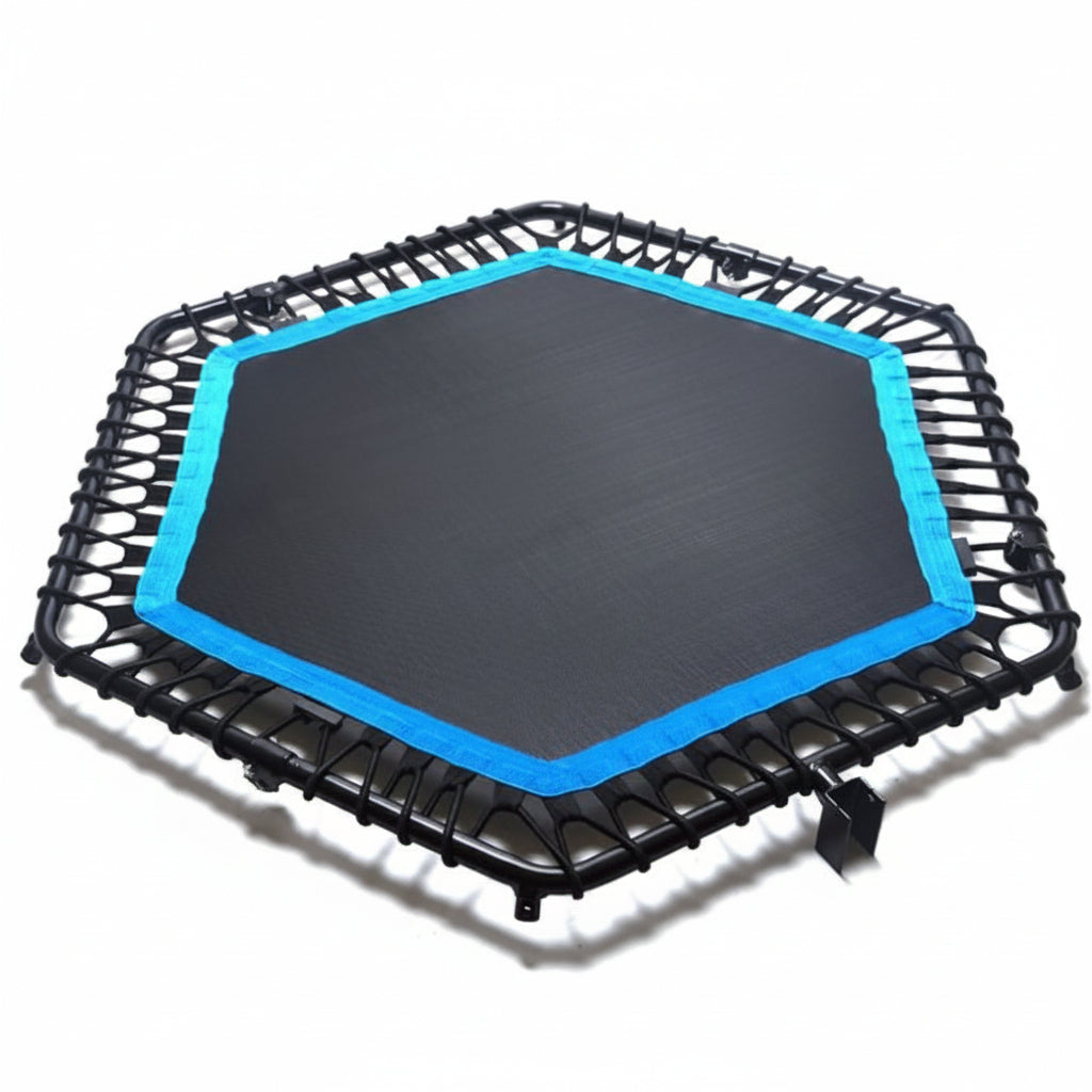 Trampoline with blue border and JOINFIT logo on a white background