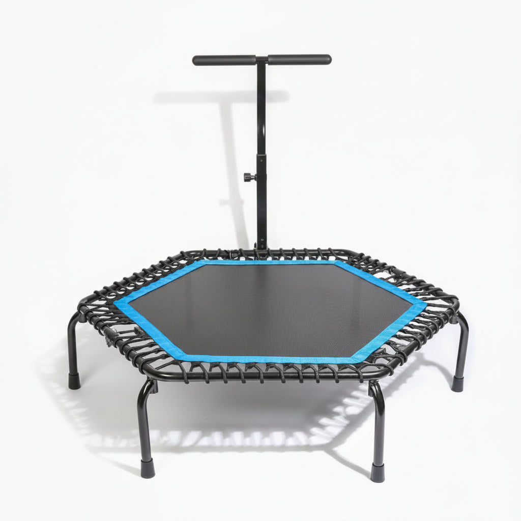 Hexagonal trampoline with handle on a white background